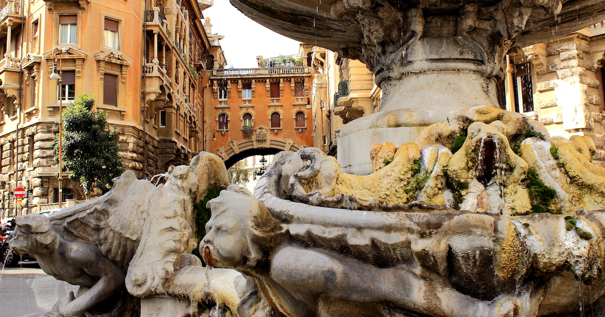 Close-up of a fountain in Quartiere Coppede