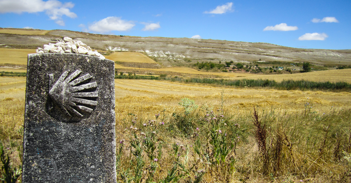 Trail marker with a seashell on it for the Camino de Santiago pilgrimage which runs through Basque Country, one of the great Spain honeymoon destinations