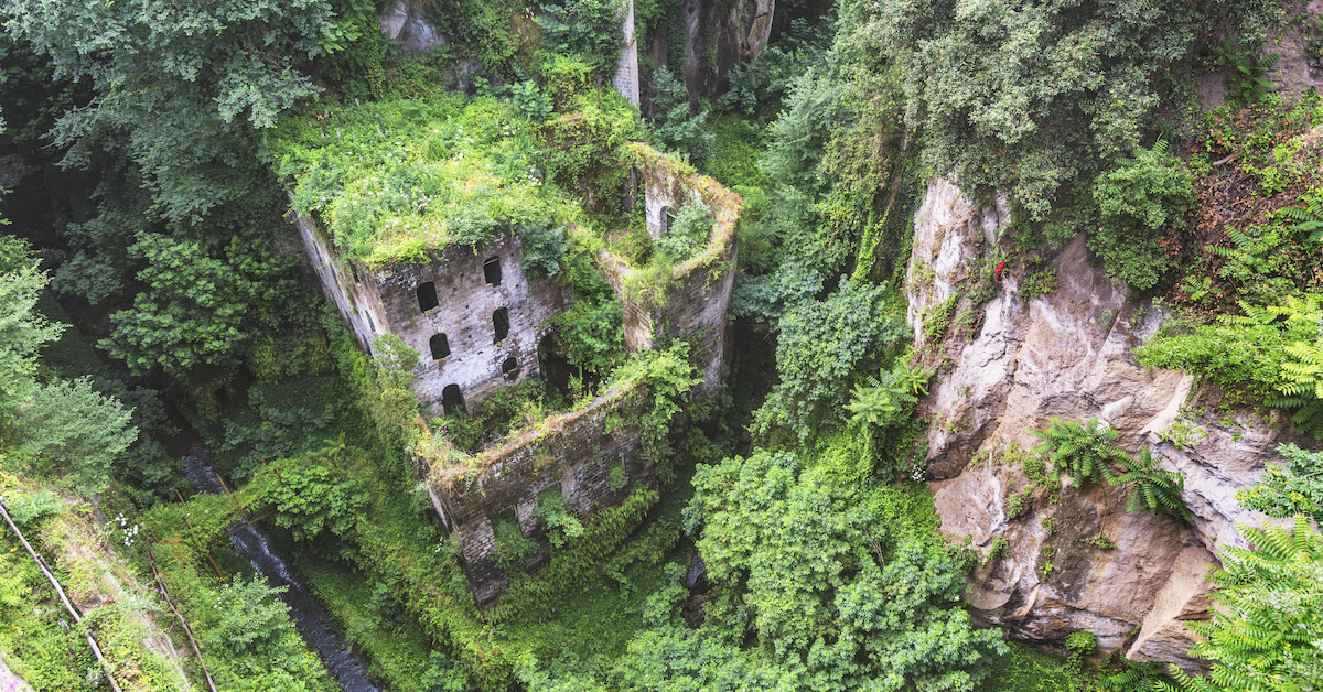 Aerial view of stone ruins in the Valle dei Mulini
